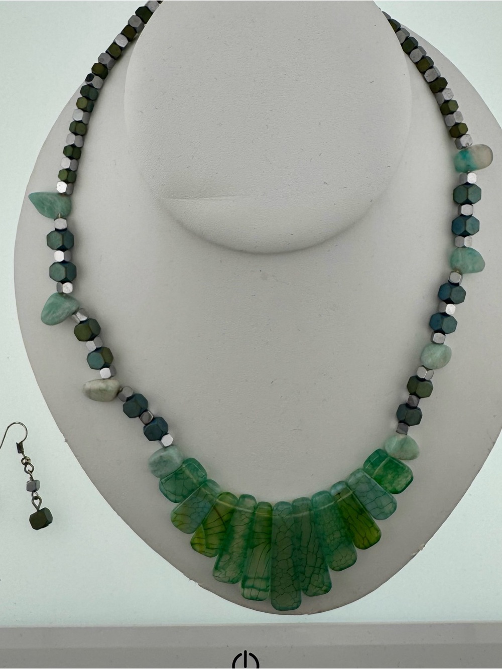 Handcrafted Green Agate Statement Necklace with Matching Earring